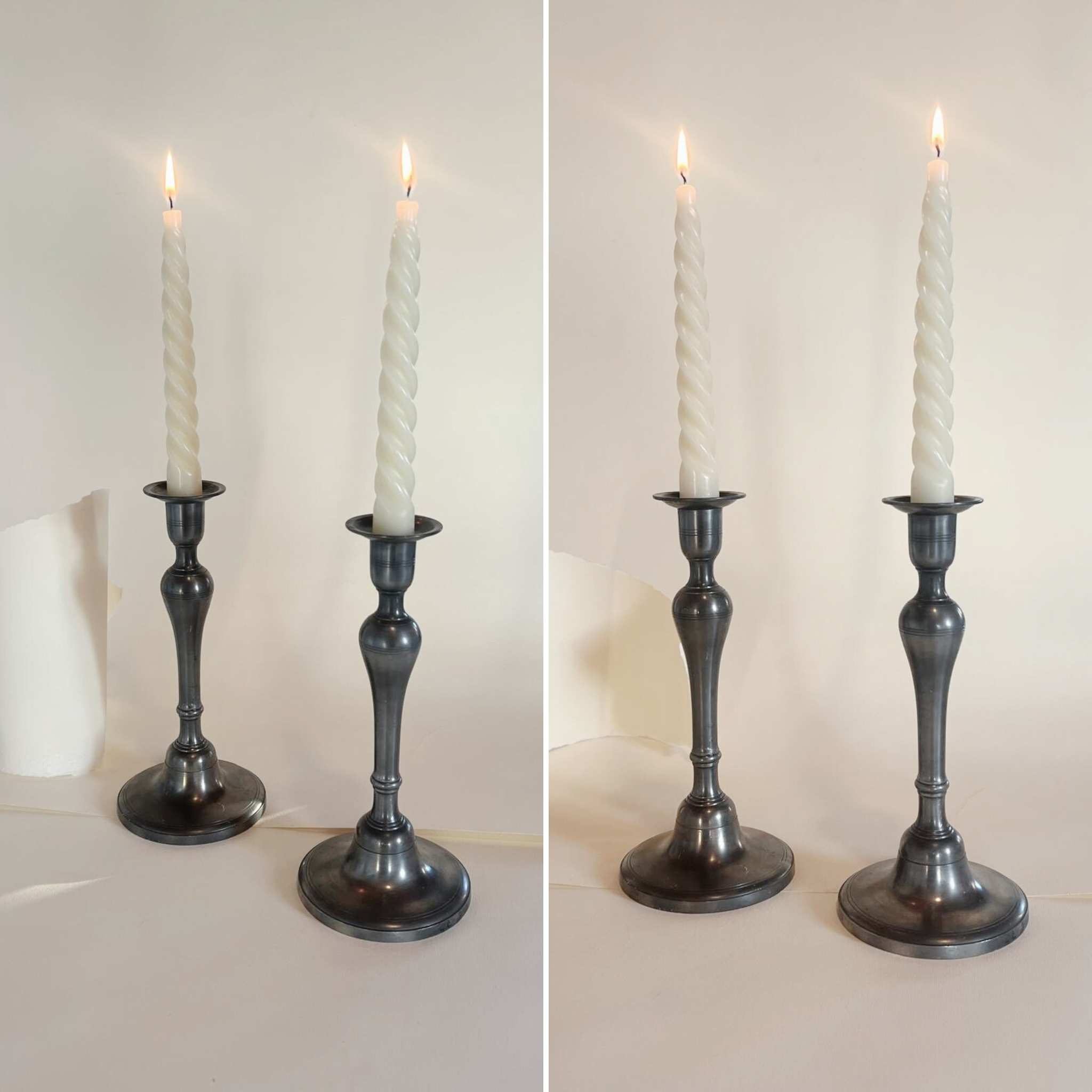 SET OF 2 I TALL PEWTER CANDLE HOLDERS I French Mid Century - L'Officina General Store