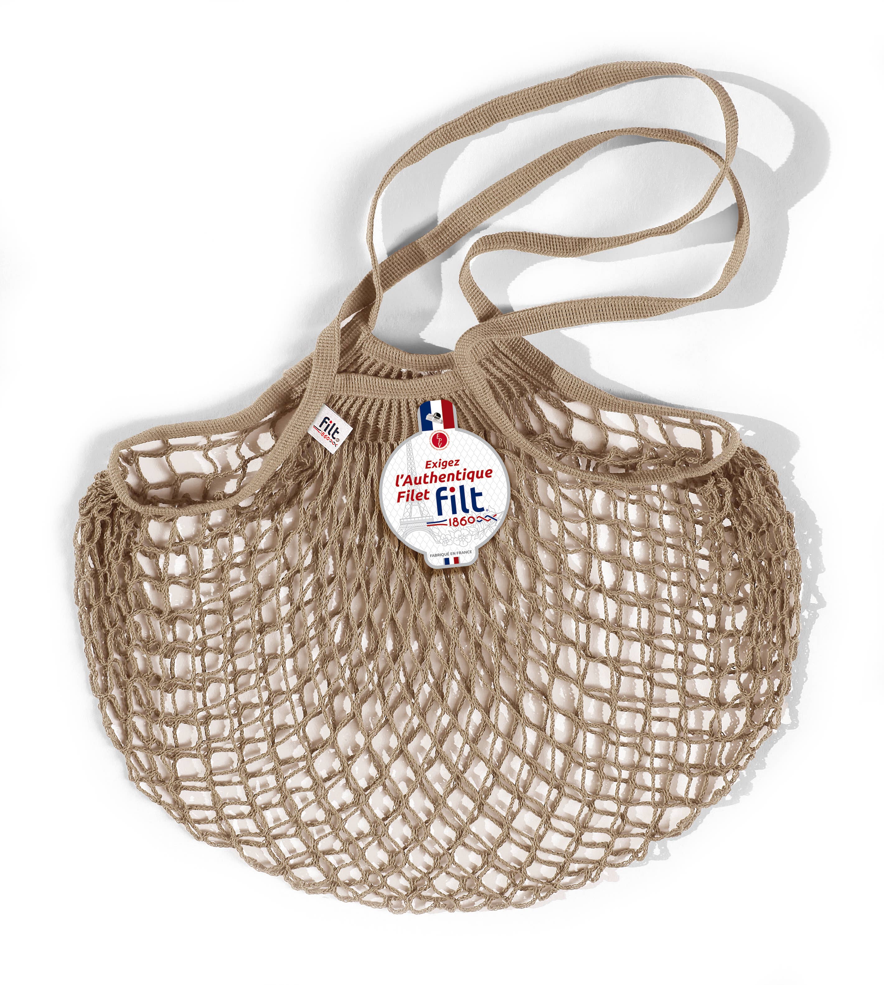 Filt 1860 mastic cotton mesh net bag with long braided handles, knitted in Normandy France