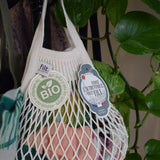 Small ecru cotton mesh net bag from Filt 1860, compact reusable shopping bag made in France