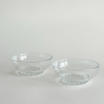 Set of 2 clear pressed glass bowls with bubble feet and round rims, mid-20th century French Reims design