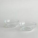 Set of 2 clear pressed glass bowls with bubble feet and round rims, mid-20th century French Reims design