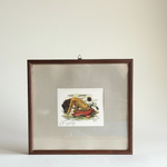 Original 1970s ink and watercolour figure drawing on paper, grey passepartout, glass front, wooden back