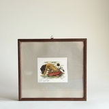 Original 1970s ink and watercolour figure drawing on paper, grey passepartout, glass front, wooden back