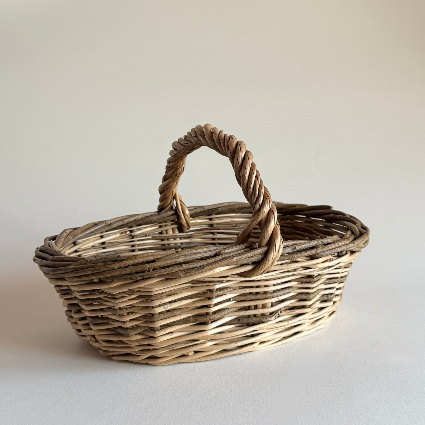 Two-Tone Rattan Basket — Brown Rattan, France, 1970s