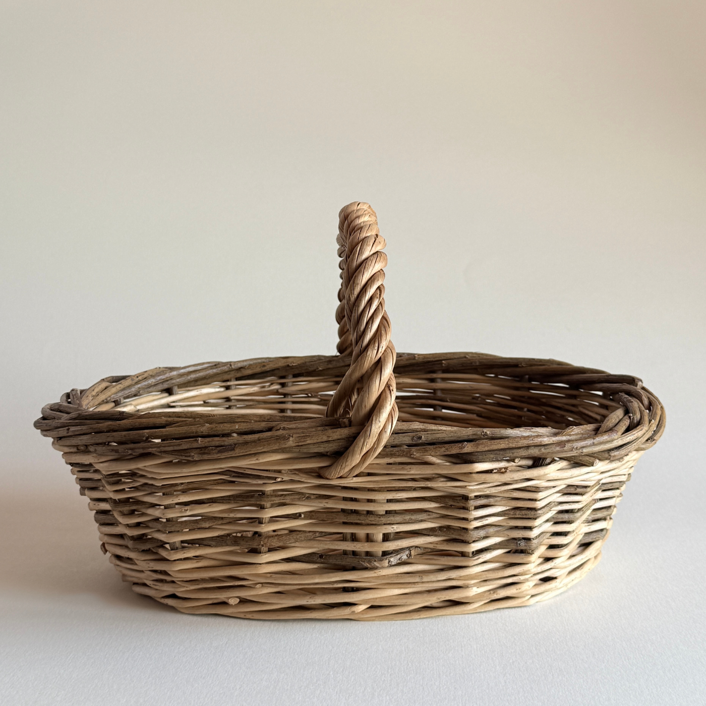 Two-Tone Rattan Basket — Brown Rattan, France, 1970s