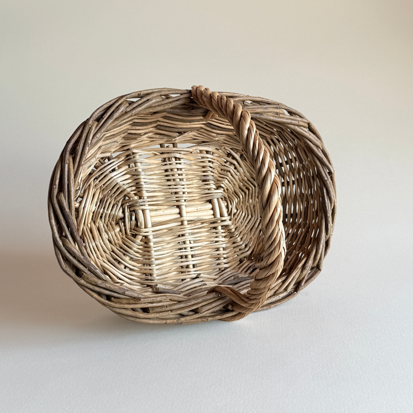 Two-Tone Rattan Basket — Brown Rattan, France, 1970s