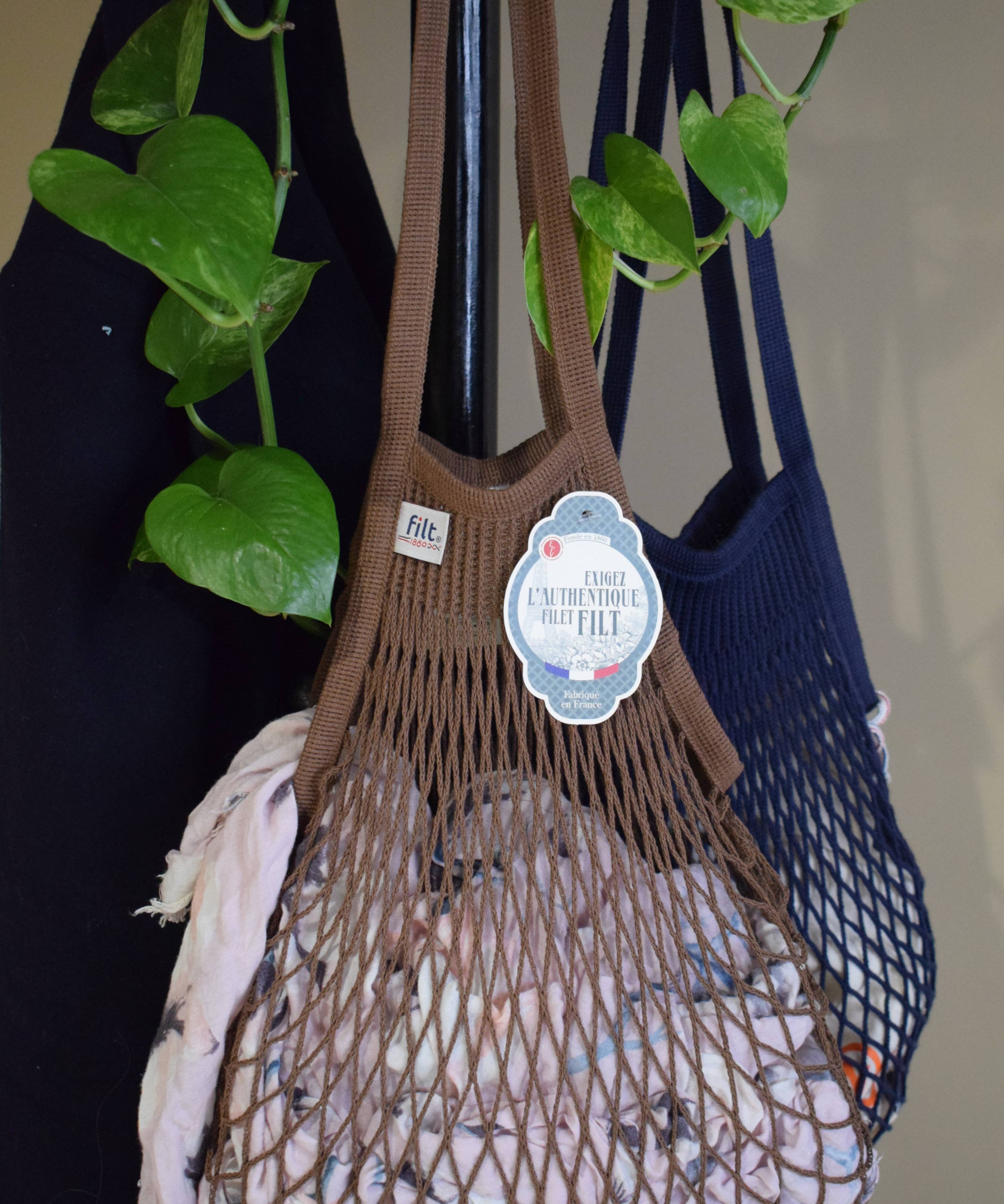 Sepia cotton net shopping bag by Filt 1860, long-handle French mesh market tote, plastic free