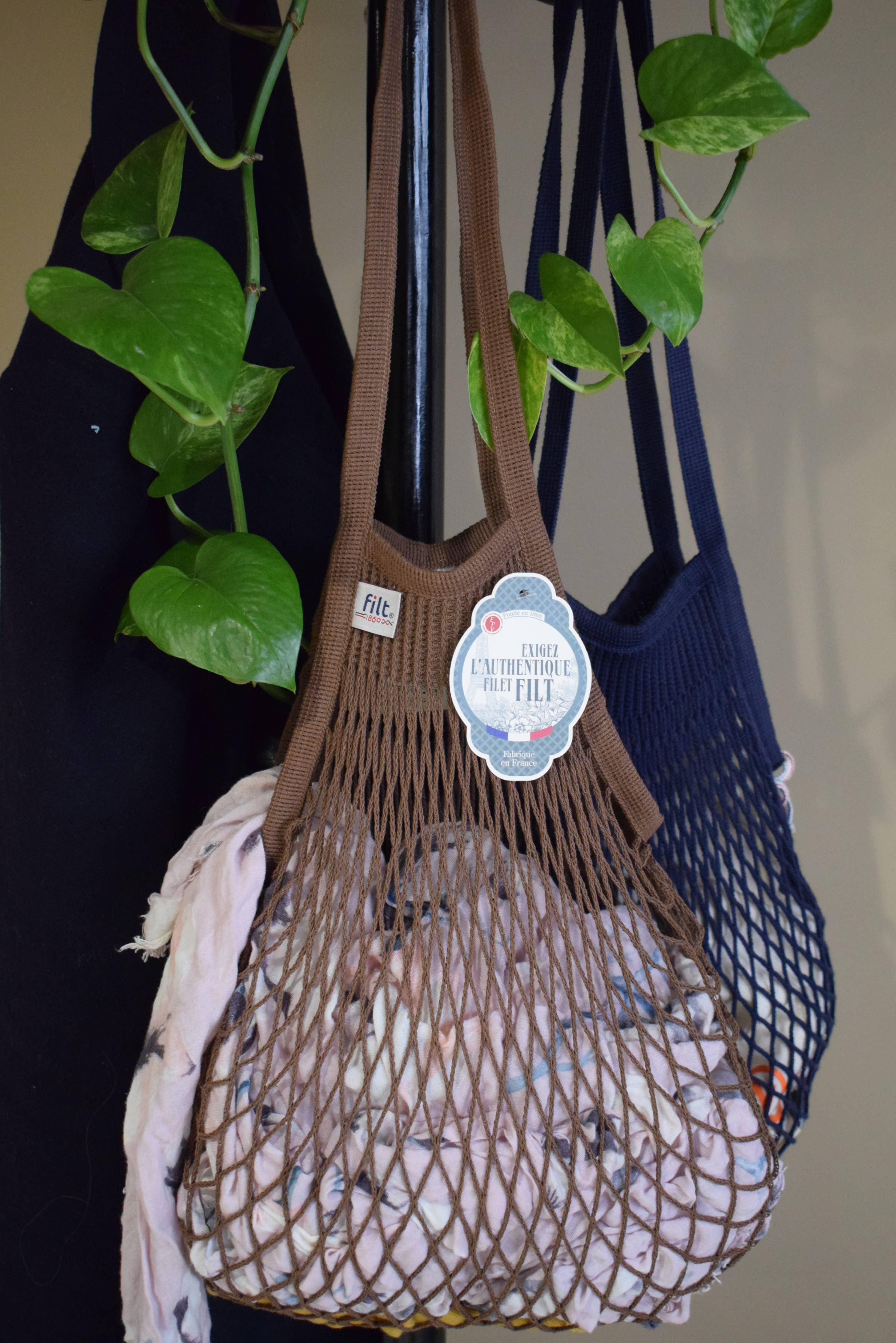 Sepia cotton net shopping bag by Filt 1860, long-handle French mesh market tote, plastic free
