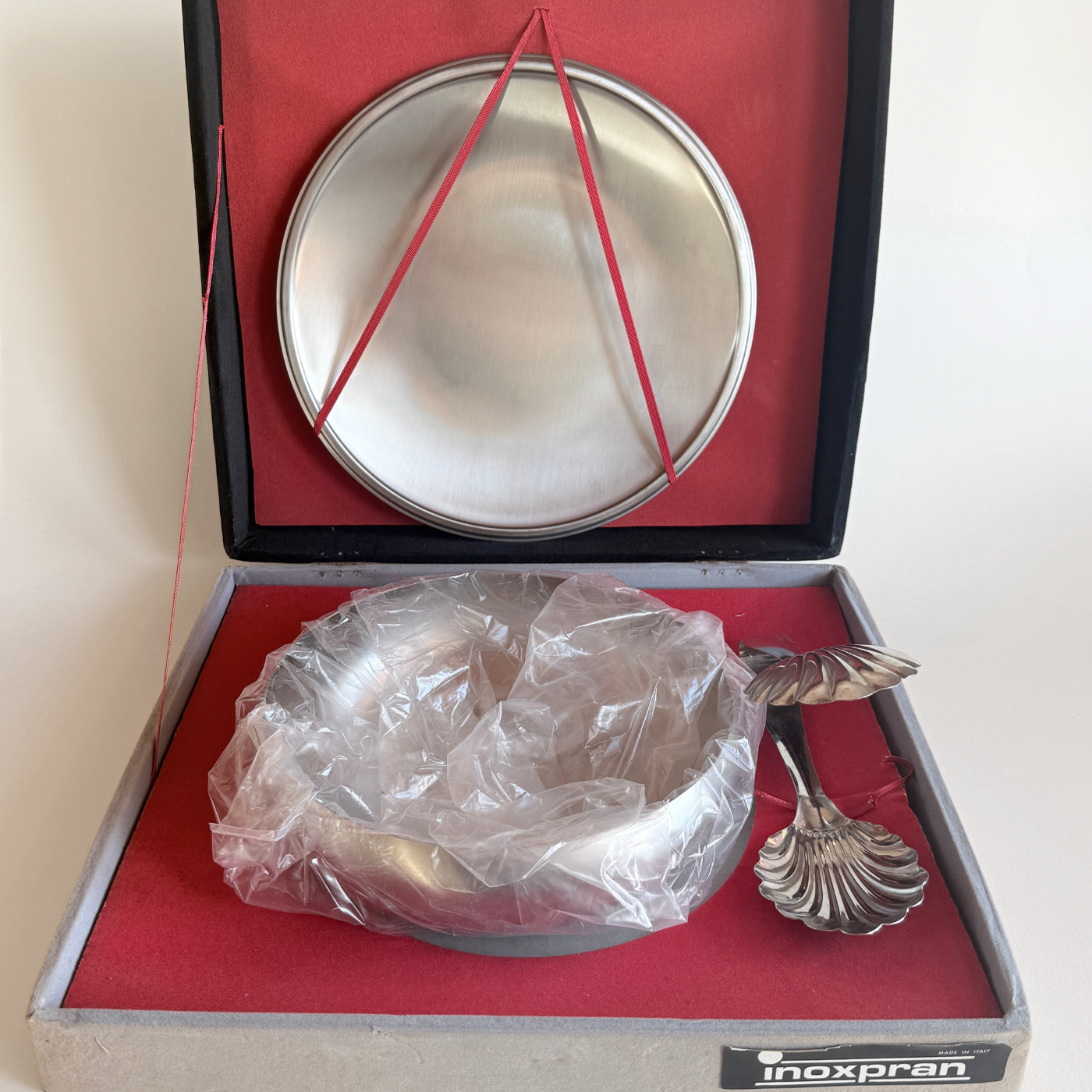 Inoxpran 1970s stainless steel bowl, plate, and tongs set