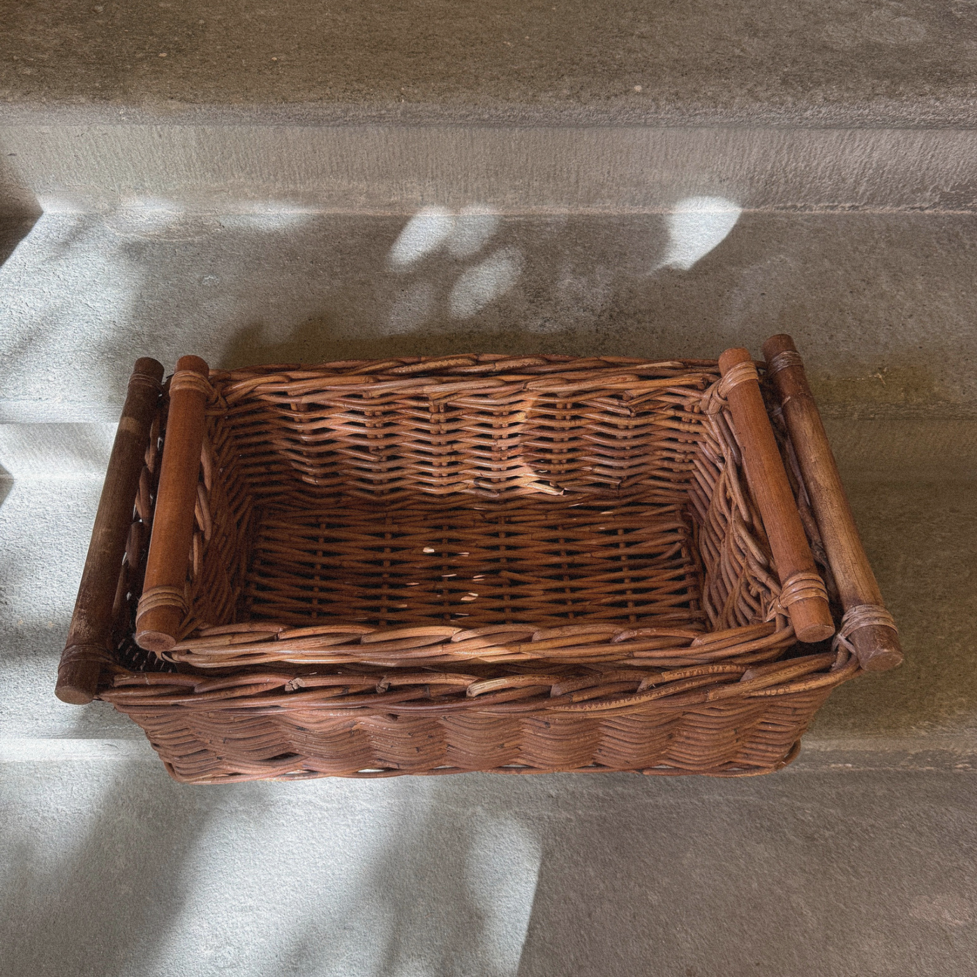 Rattan storage basket in brown woven rattan, rectangular 1970s Italian basket, L'Officina General Store