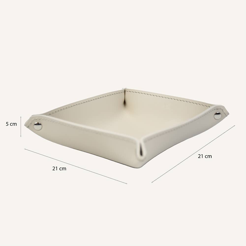 Marrone brown leather desk tray seen from above, Limac Design regenerated leather square catch-all