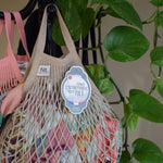 Mini mastic grey-beige cotton net bag by Filt 1860 folded flat, plastic-free French mesh
