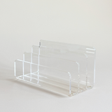 Guzzini letter holder in clear acrylic, minimalist 1980s Italian desktop organiser for mail and post