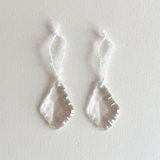 Glass Leaf Prism Christmas Ornament set of two, clear faceted glass almond-leaf drops with white wool hanging loops.
