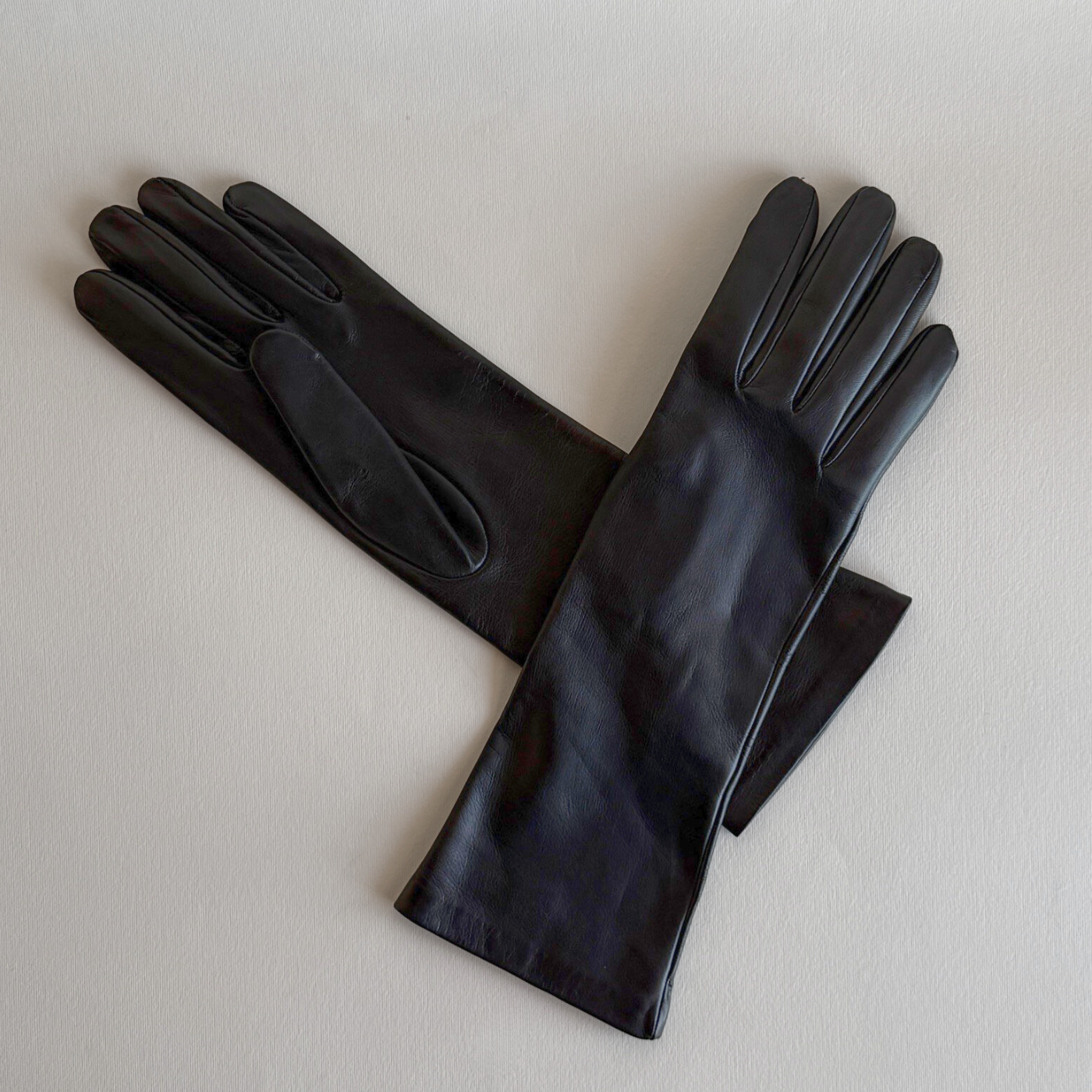 pair Long black Leather Gloves silk lining