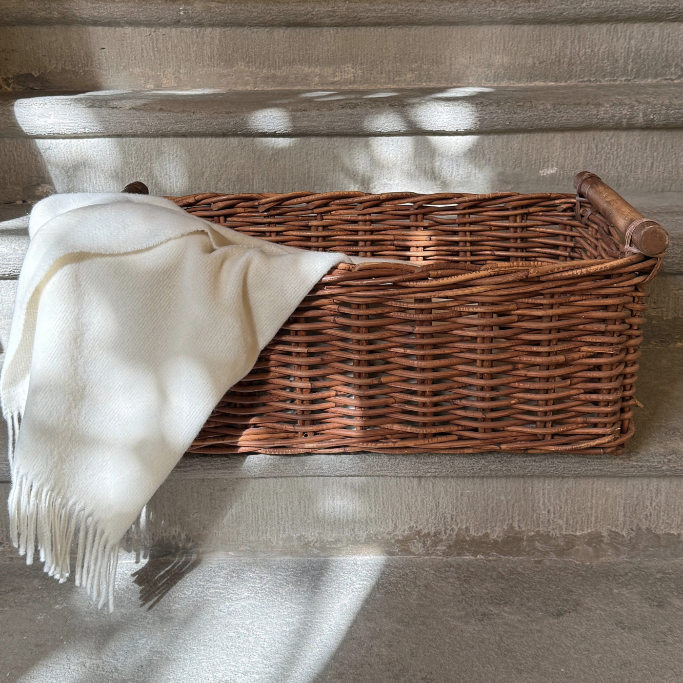 Rectangular rattan basket with tight even weave and upright sides, brown 1970s Italian, L'Officina