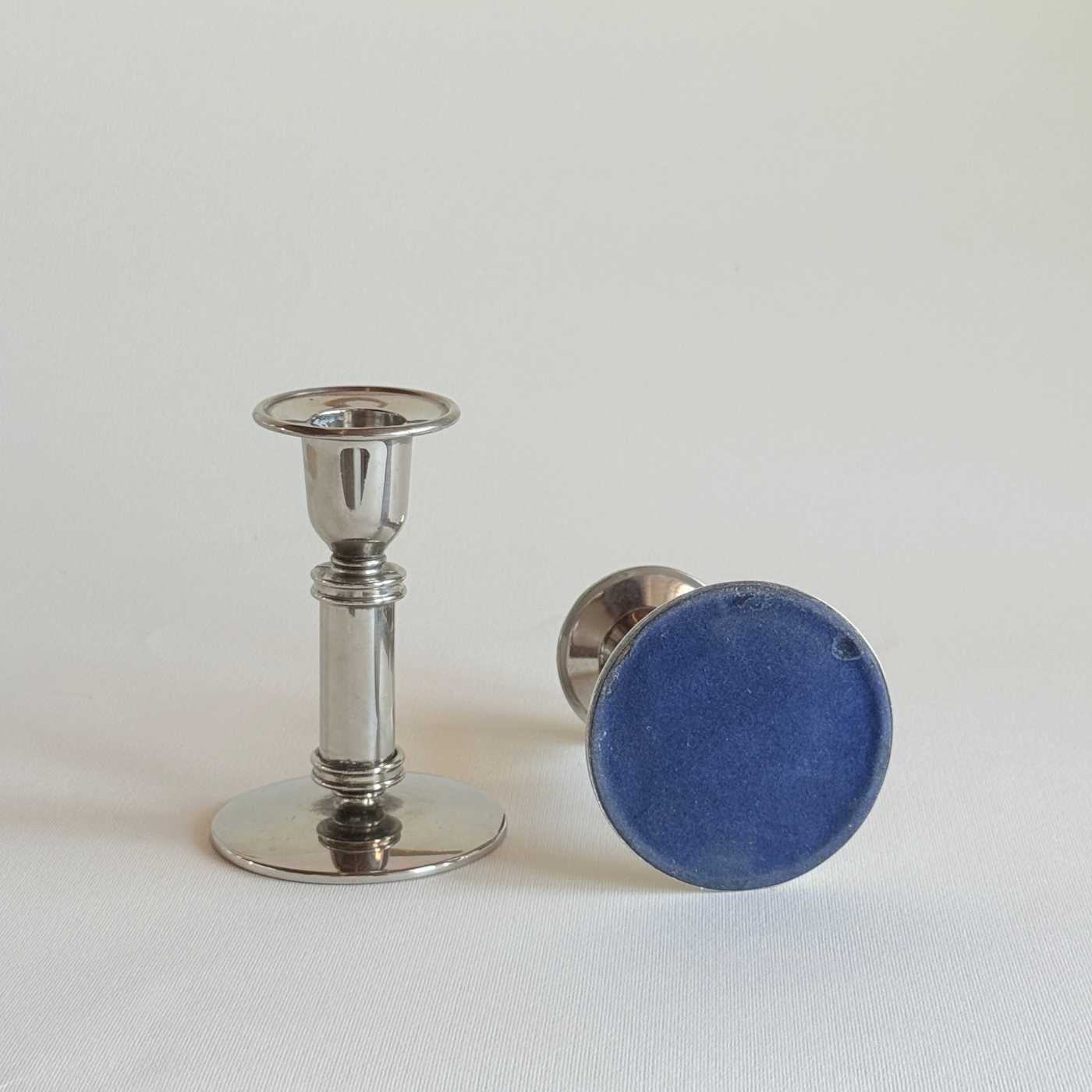 Polished stainless steel candle holders, 12 cm French pair in silver tone, L'Officina General Store
