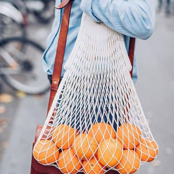 Ecru cotton net shopping bag by Filt 1860, long-handle French mesh market tote, plastic free