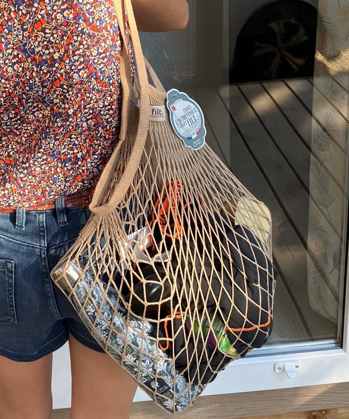 Filt 1860 mastic cotton mesh market bag carried on the shoulder, reusable and made in France