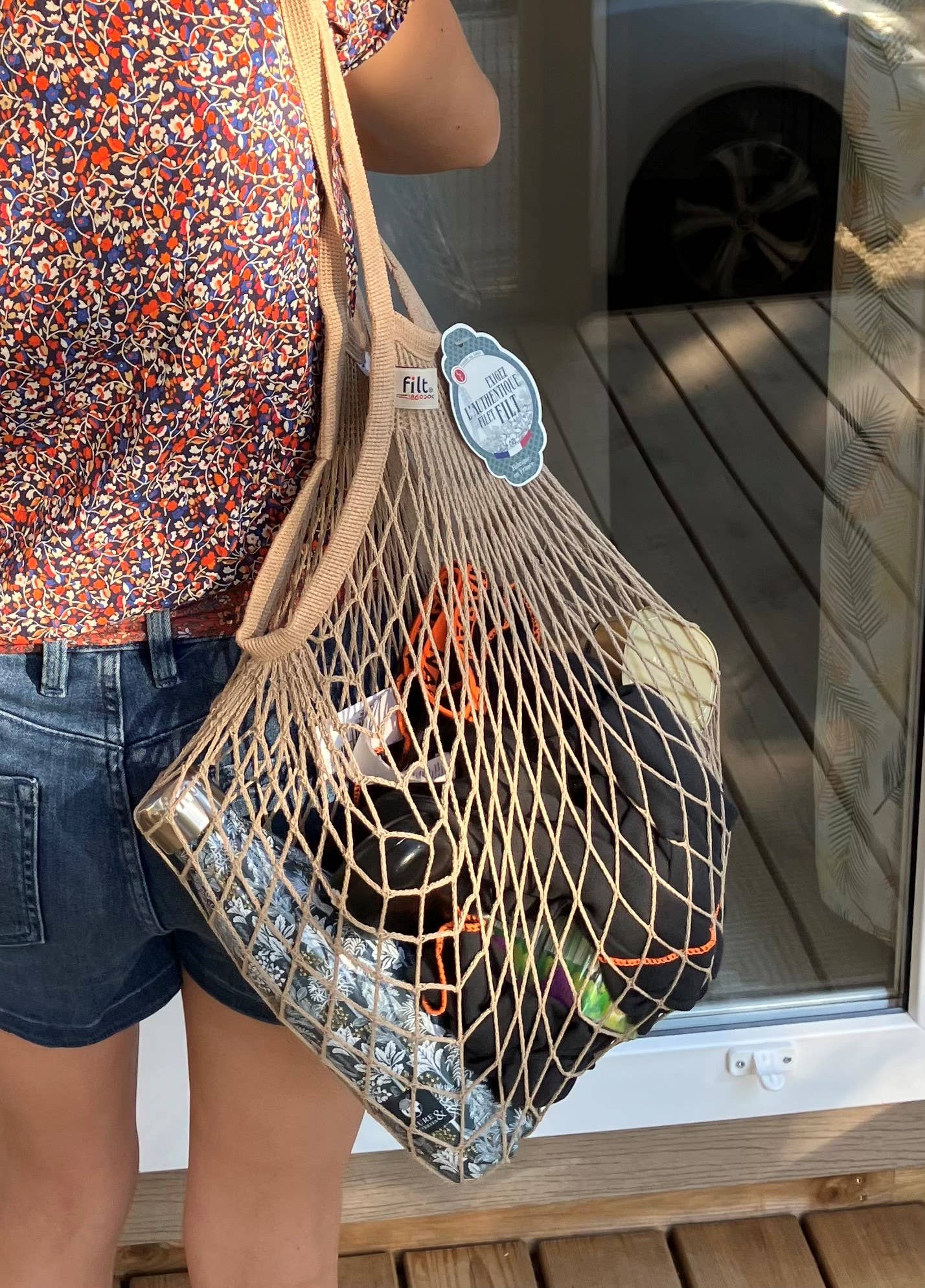 Filt 1860 mastic cotton mesh market bag carried on the shoulder, reusable and made in France