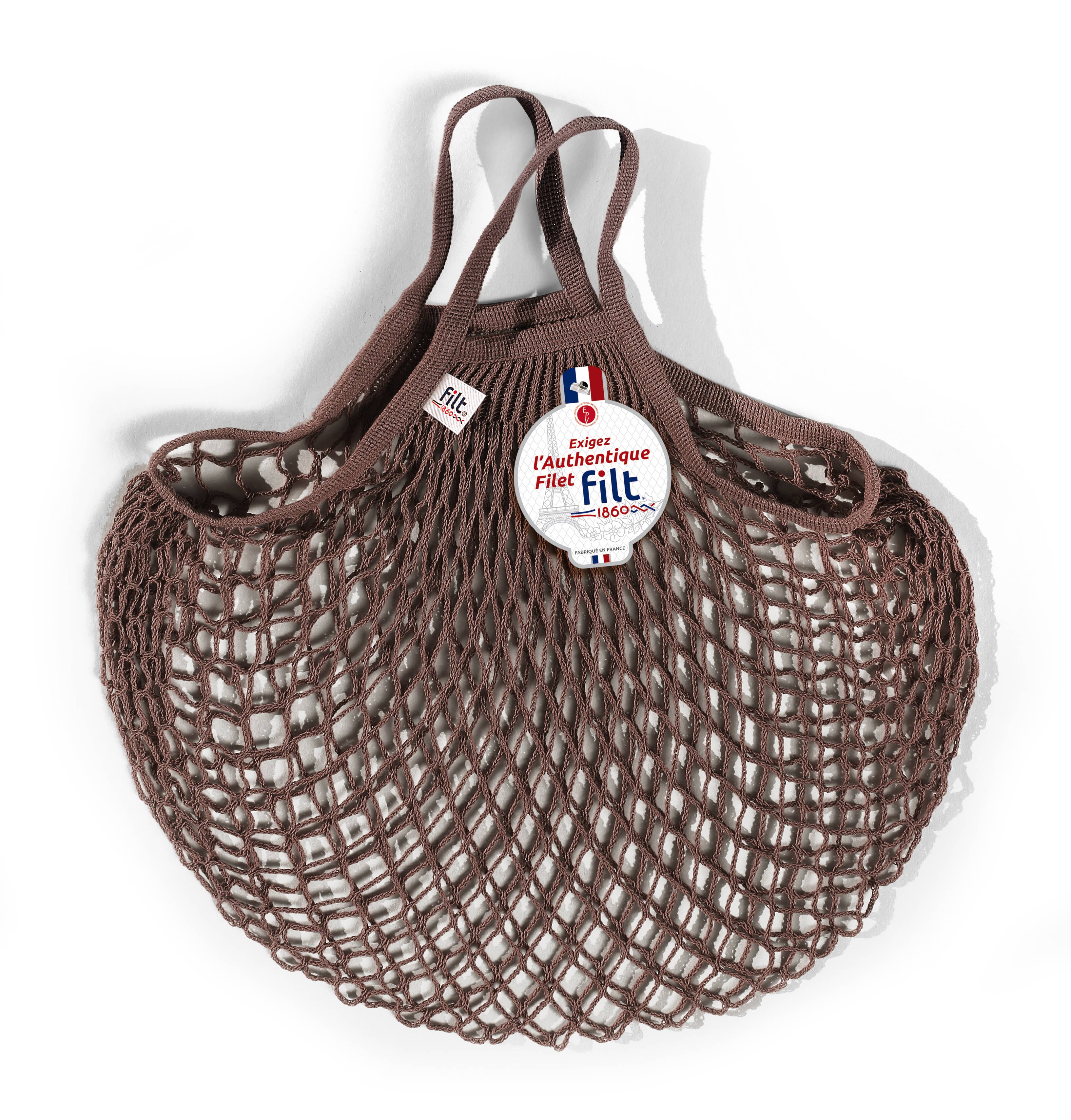 Filt 1860 sepia cotton mesh net bag with short 28 cm handles, reusable French shopping bag