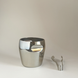 Alessi 871 Ice Bucket in mirror-polished stainless steel with a cylindrical form and matching stainless steel ice tongs.