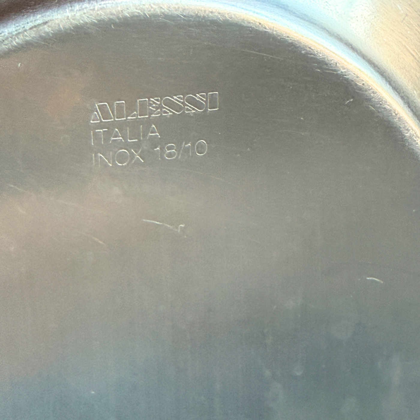Vintage Alessi Mercurio bread basket in silver brushed stainless steel, pre-loved 1980s Italian design