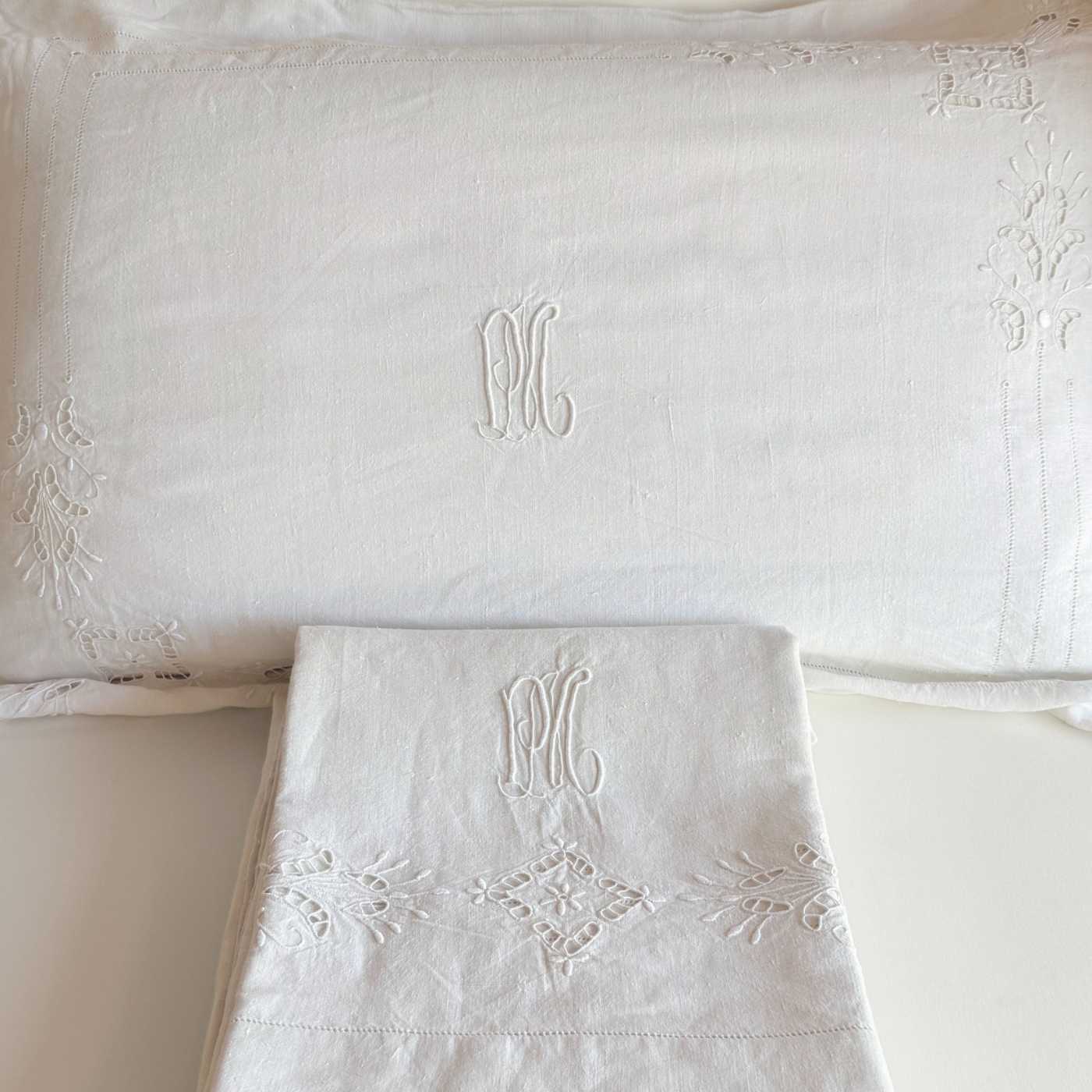 Antique Italian linen bedding set  PM monogram