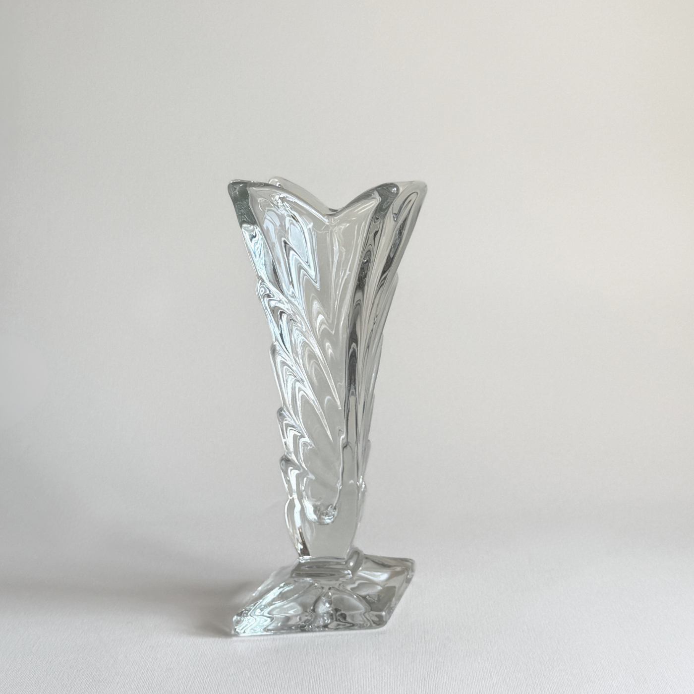 Art Deco cast glass vase — close-up of moulded geometric relief pattern, Bohemian production 1930s