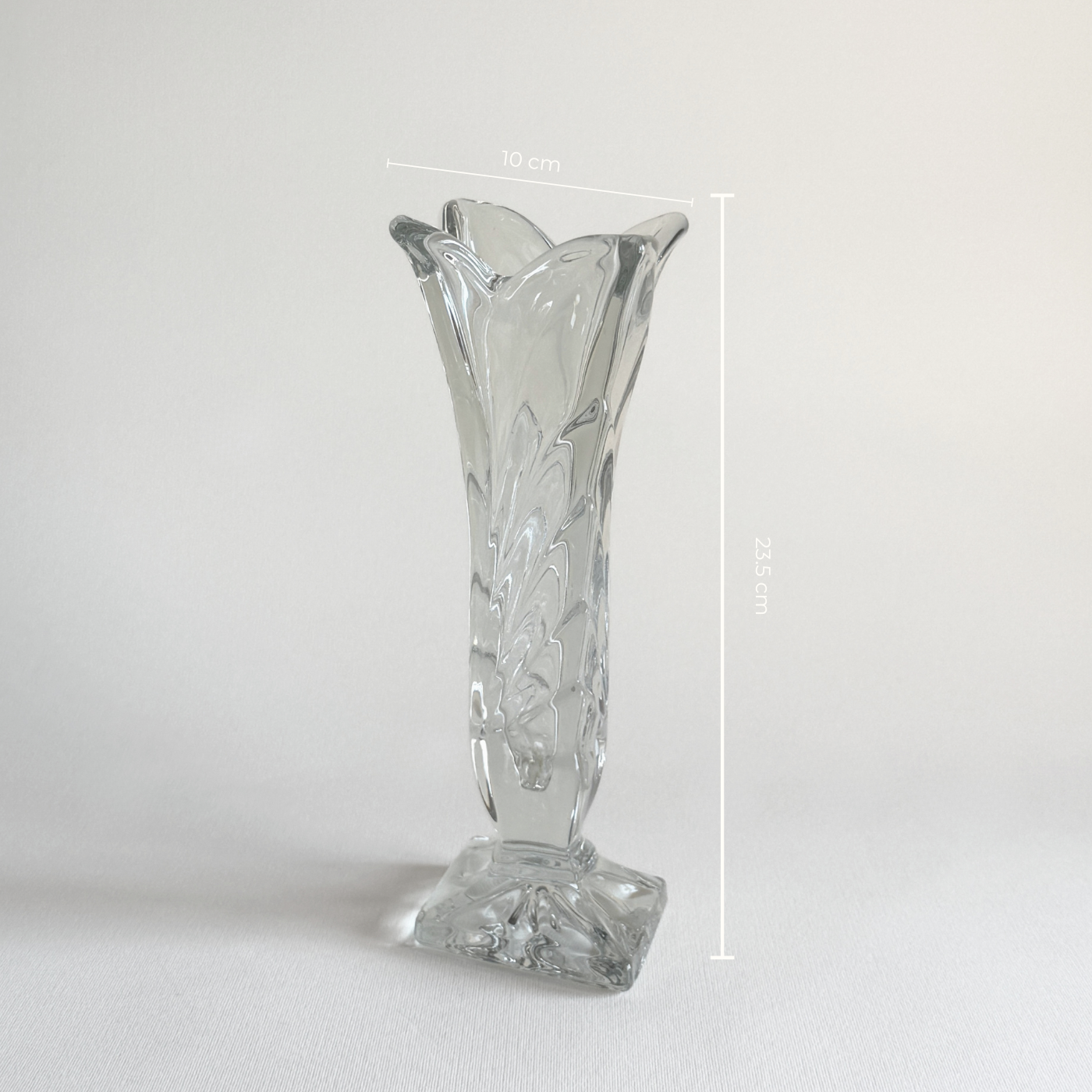 Art Deco cast glass vase — side view showing tapered profile and cast glass detail, H dimensions
