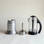 Pino Spagnalo Biesse coffee maker silver and perspex split view