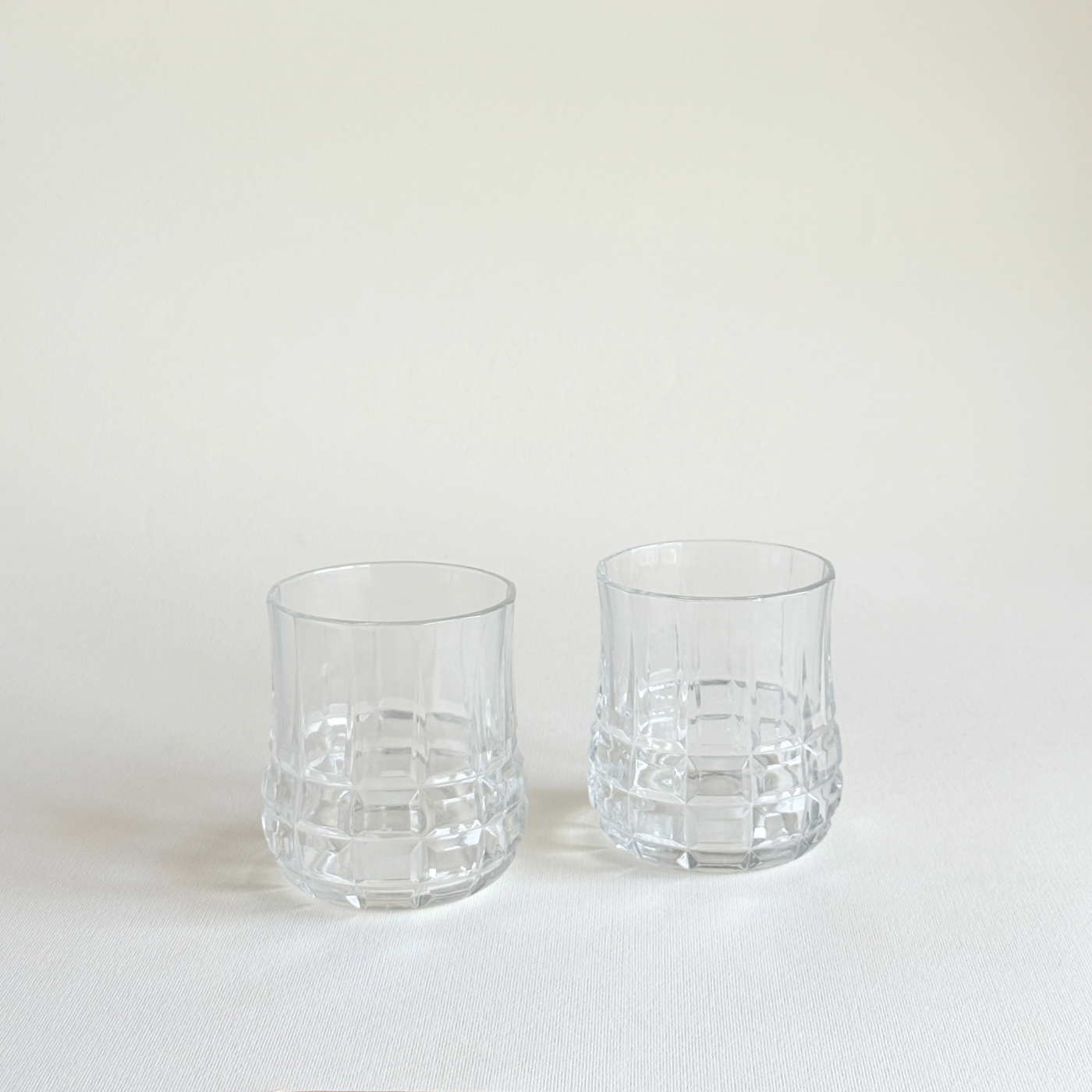 Borgonova faceted whisky tumblers, set of 2, clear pressed glass, Pre-Loved Italian glassware, L'Officina