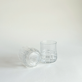 Diamond-cut clear glass whisky tumblers by Borgonova, 7 cm wide and 9 cm tall, Italy 1970s
