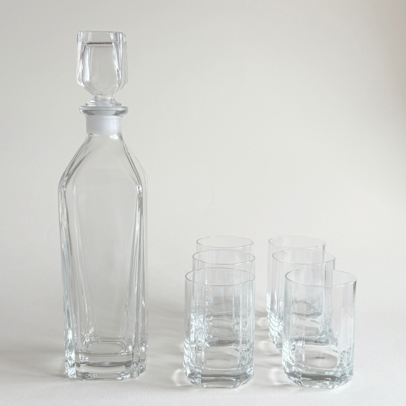Bormioli glass whisky barware set in clear glass, Pre-Loved 2000s Italian decanter set, L'Officina
