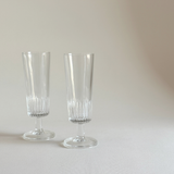 Glass Champagne Flutes, set of two clear glass glasses with vertical ribbed detailing and slender stems