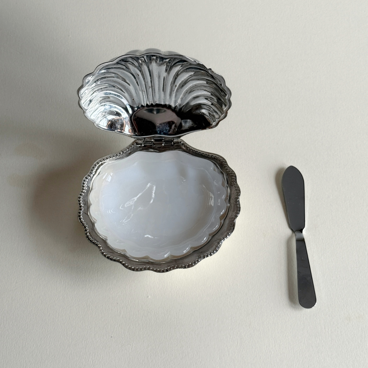 Silver plated shell dish close-up showing patina and texture 4.5cm height