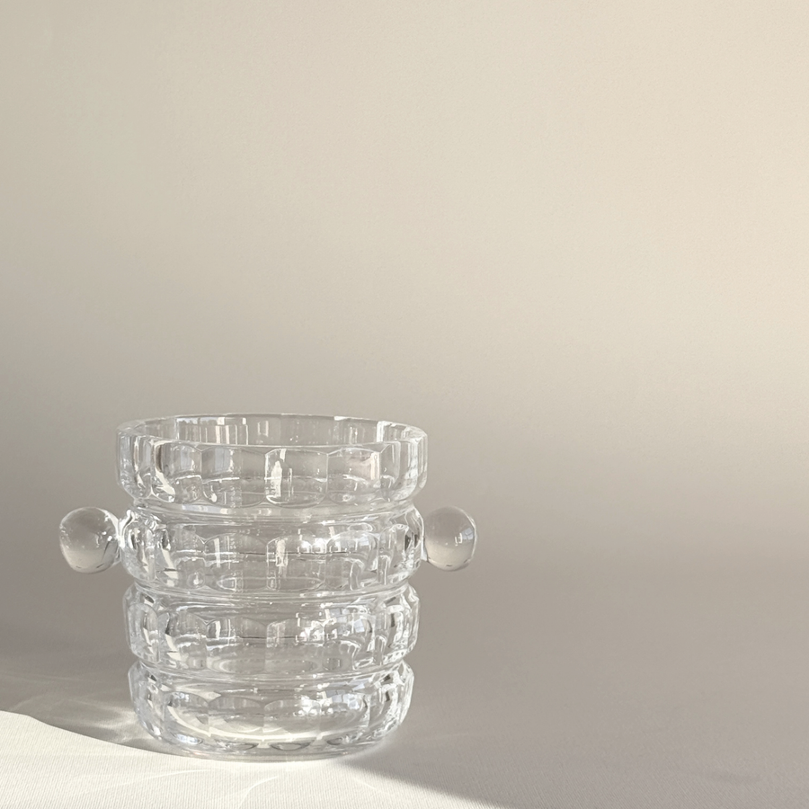 Moulded glass ice bucket with geometric pattern, clear glass, 1960s Italian barware, L'Officina