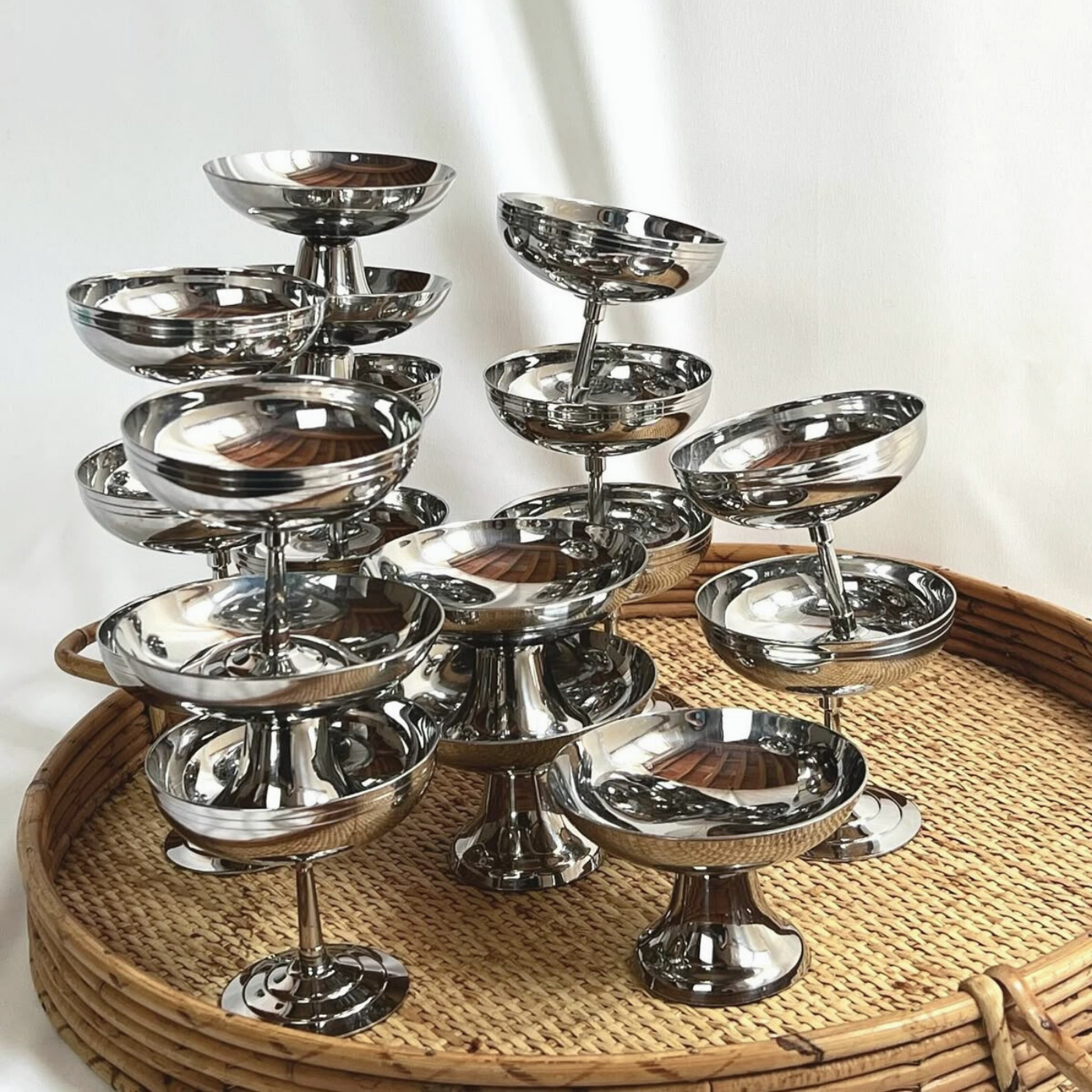 Letang Remy and Guy Degrenne low stainless steel luxury dessert cups inox metal stainless steel on ratan tray