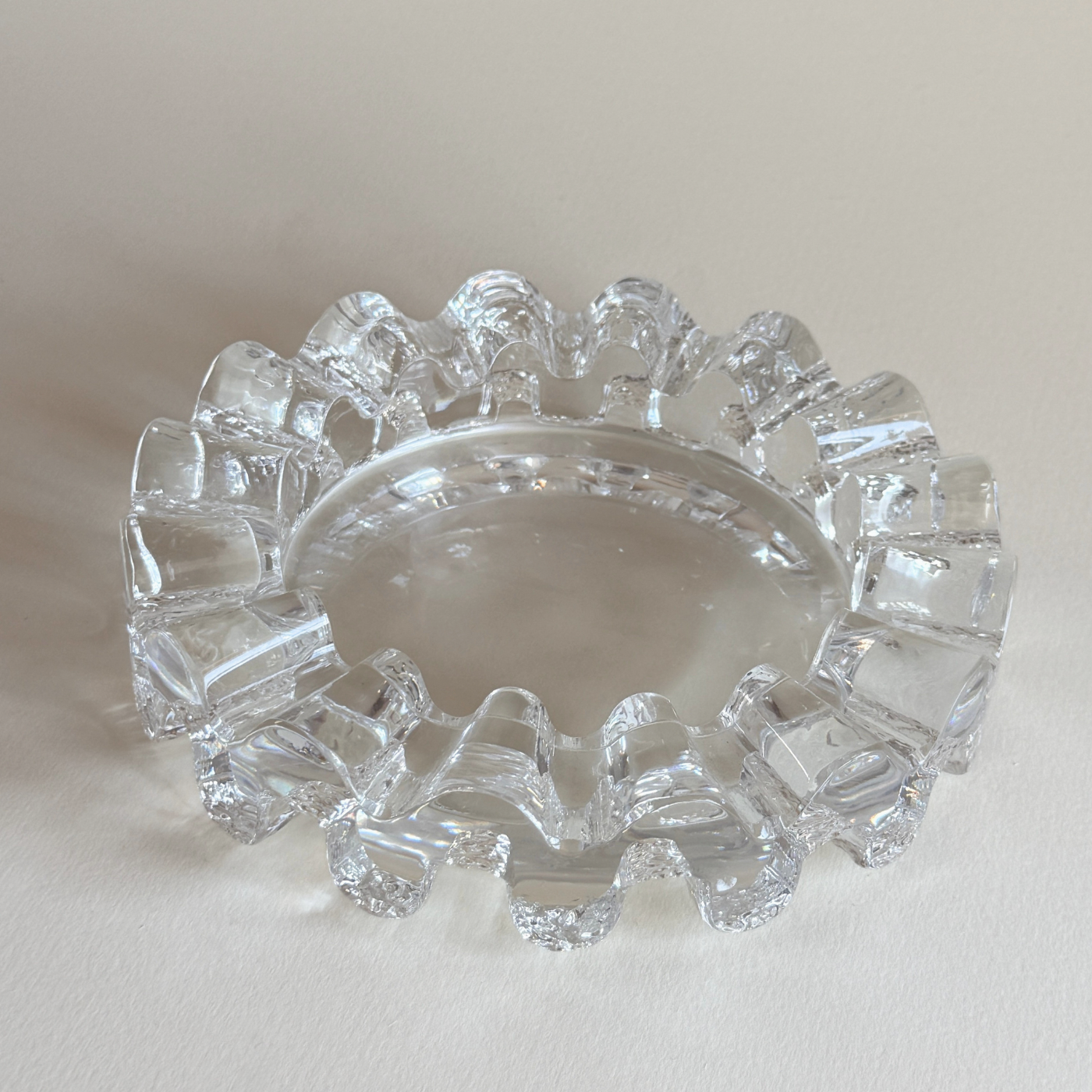 Heavy clear glass ashtray and catch-all, wave detail, 1980s Italian