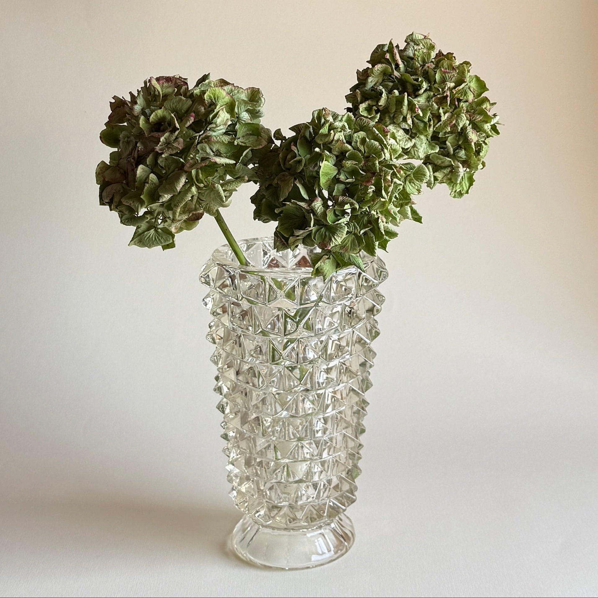 Clear Murano rostrato vase from L'Officina, tapered form with hand-applied spikes, Venetian glass