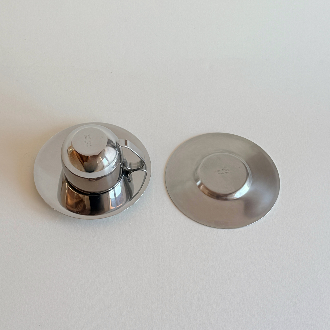 IMCO stainless steel metal espresso cups with saucers Italian 1970s design set of 2