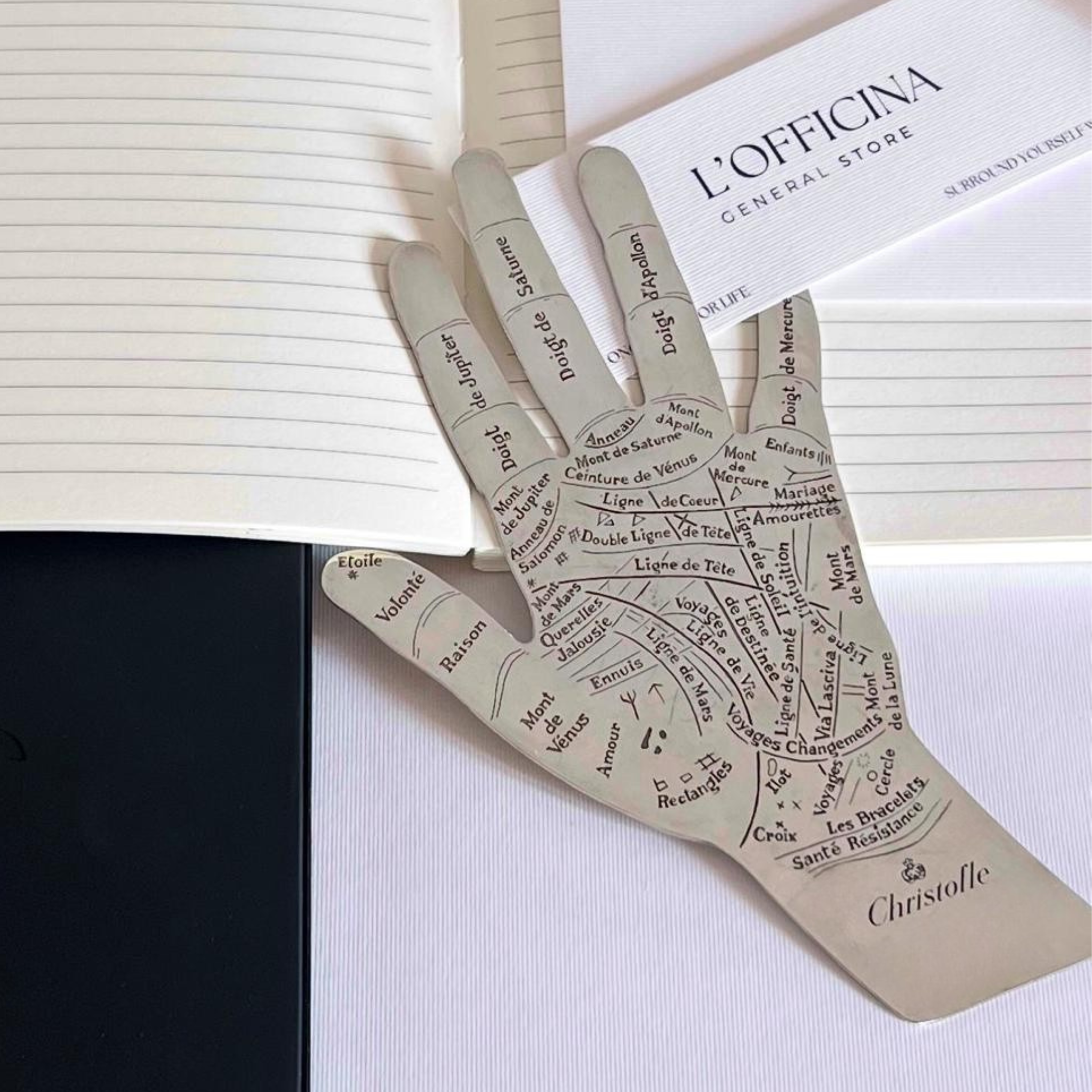 Christofle hand of destiny Decorative hand-shaped card with text on a white surface