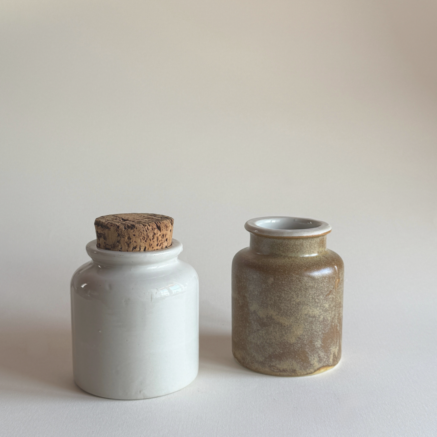 Pair of French Stoneware Mustard Pots — Brown and Neutral Stoneware, France, 1950s