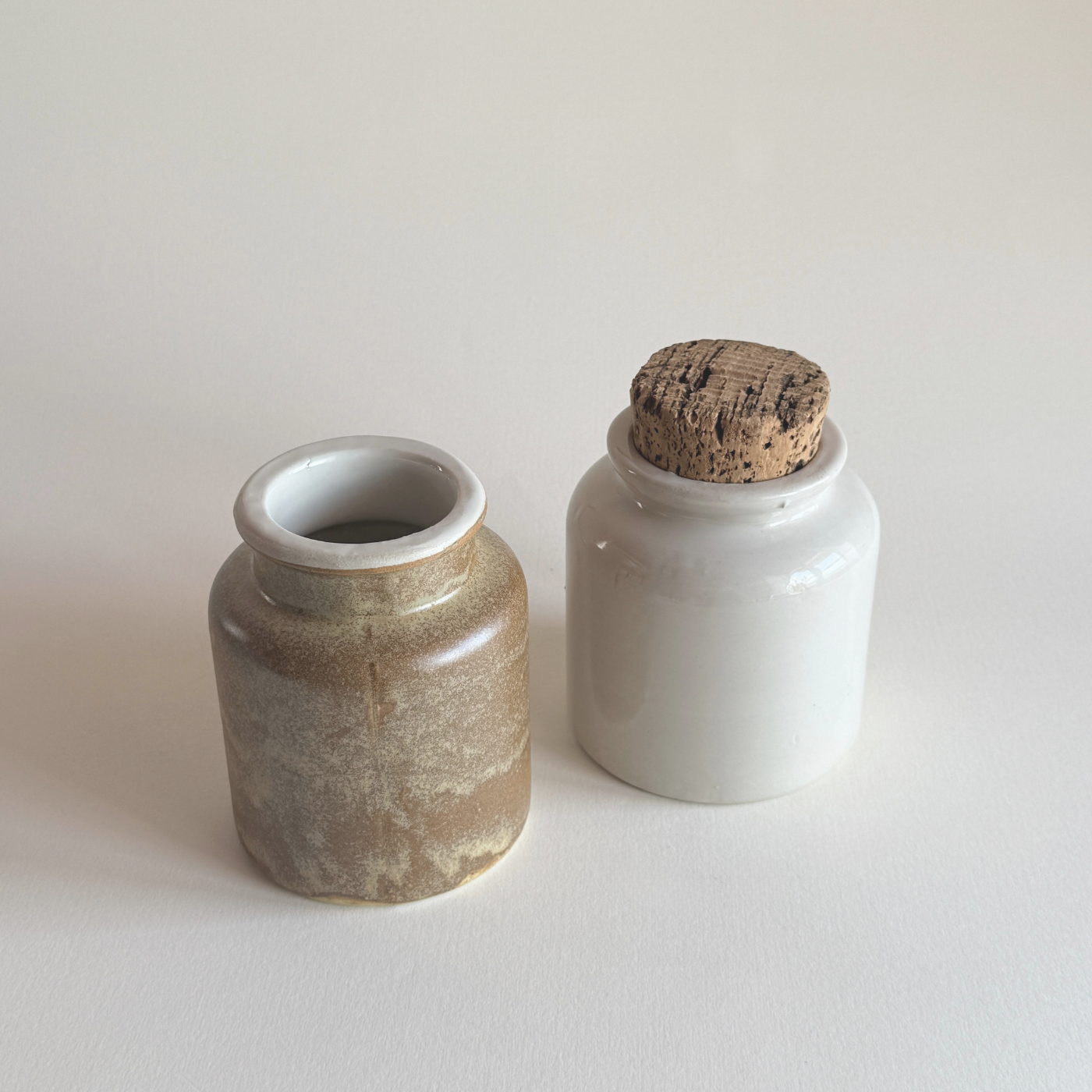 Pair of French Stoneware Mustard Pots — Brown and Neutral Stoneware, France, 1950s