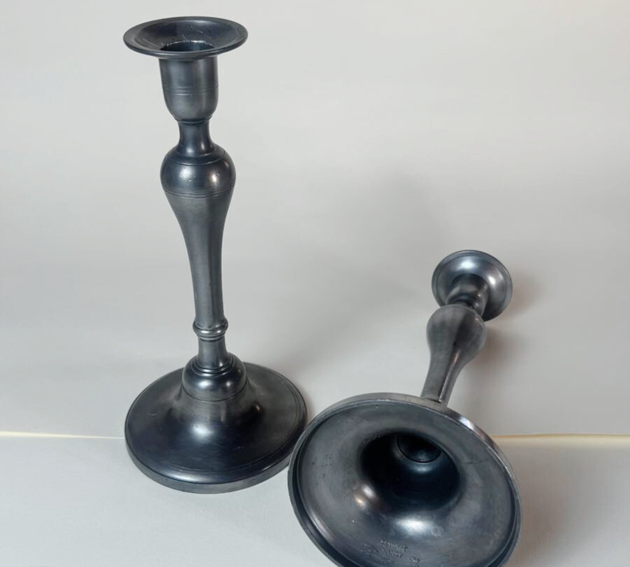 SET OF 2 I TALL PEWTER CANDLE HOLDERS I French Mid Century - L'Officina General Store