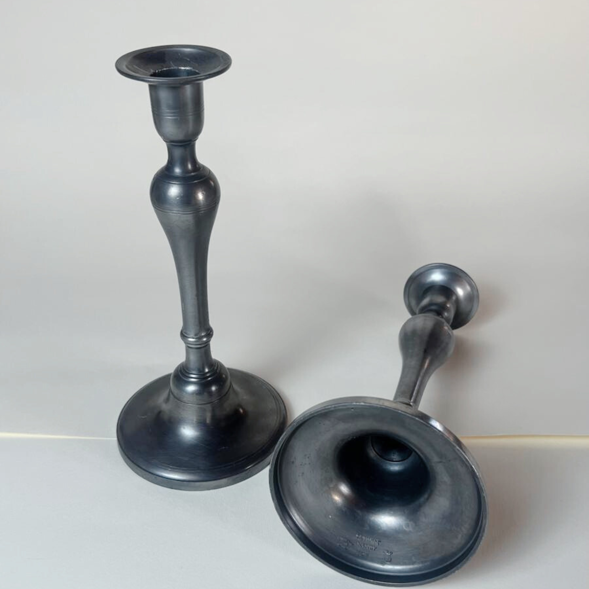SET OF 2 I TALL PEWTER CANDLE HOLDERS I French Mid Century - L'Officina General Store