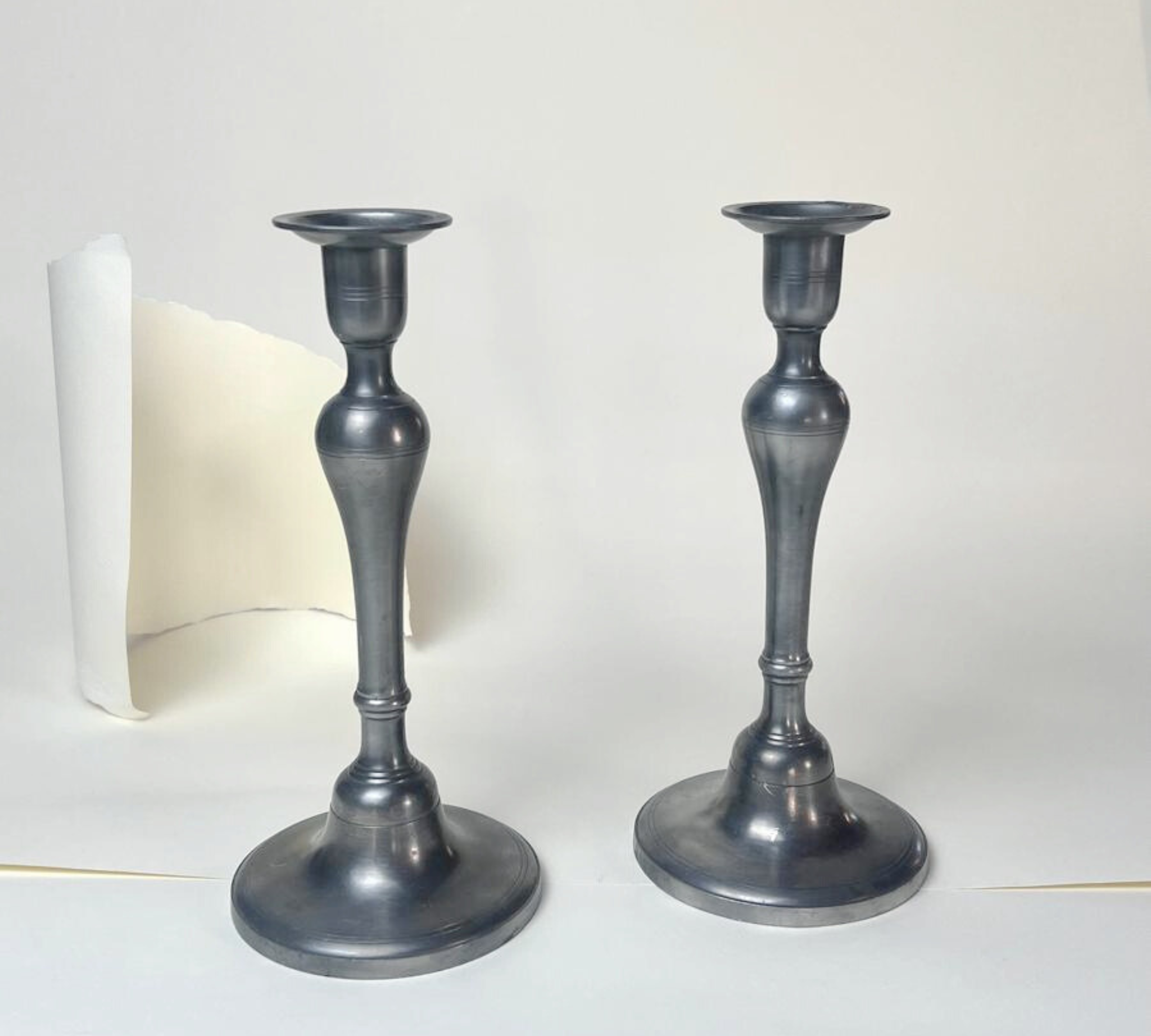 SET OF 2 I TALL PEWTER CANDLE HOLDERS I French Mid Century - L'Officina General Store