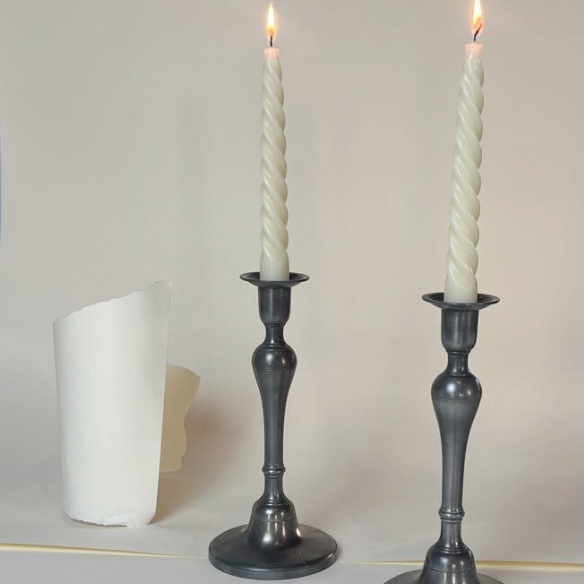 SET OF 2 I TALL PEWTER CANDLE HOLDERS I French Mid Century - L'Officina General Store