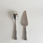 Silver plated pasta serving set with tassel handles including strainer and lasagna cutter, vintage Italian 1960s-70s design