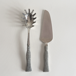 Silver plated pasta serving cutlery set with tassel handles, including strainer and lasagna cutter, 1960s Italian design